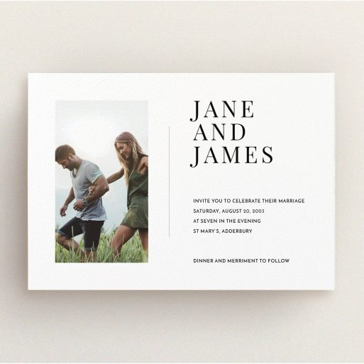 A wedding invite card template titled "Modern postcard". It is an A5 invite in a landscape orientation. It is a photographic wedding invite card with room for 1 photo. "Modern postcard" is available as a flat invite, with mainly white colouring.