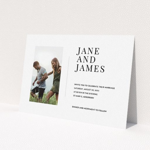A wedding invite card template titled 'Modern postcard'. It is an A5 invite in a landscape orientation. It is a photographic wedding invite card with room for 1 photo. 'Modern postcard' is available as a flat invite, with mainly white colouring.