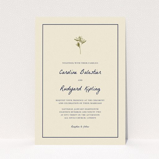 A wedding invite card template titled "My little daisy". It is an A5 invite in a portrait orientation. "My little daisy" is available as a flat invite, with tones of cream and gold.
