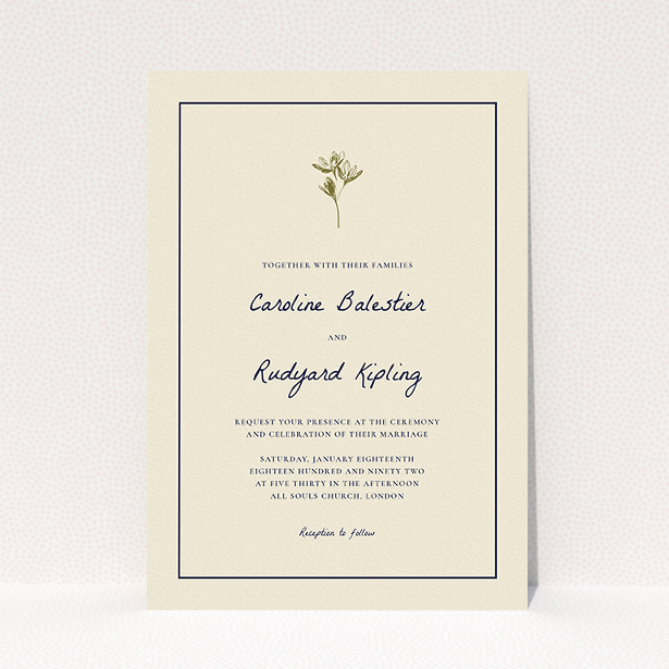 A wedding invite card template titled "My little daisy". It is an A5 invite in a portrait orientation. "My little daisy" is available as a flat invite, with tones of cream and gold.