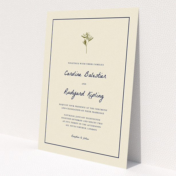 A wedding invite card template titled "My little daisy". It is an A5 invite in a portrait orientation. "My little daisy" is available as a flat invite, with tones of cream and gold.
