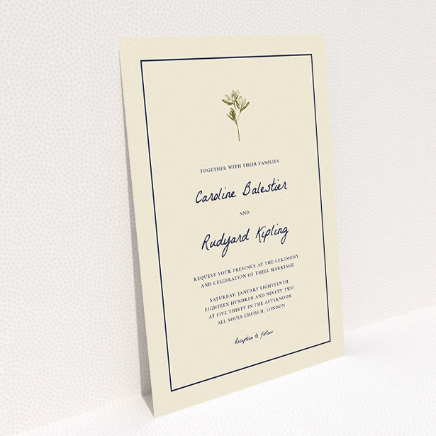 A wedding invite card template titled "My little daisy". It is an A5 invite in a portrait orientation. "My little daisy" is available as a flat invite, with tones of cream and gold.