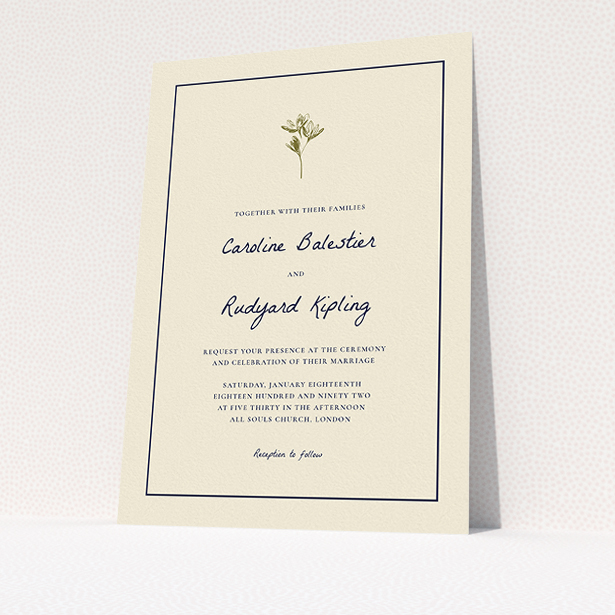 A wedding invite card template titled "My little daisy". It is an A5 invite in a portrait orientation. "My little daisy" is available as a flat invite, with tones of cream and gold.