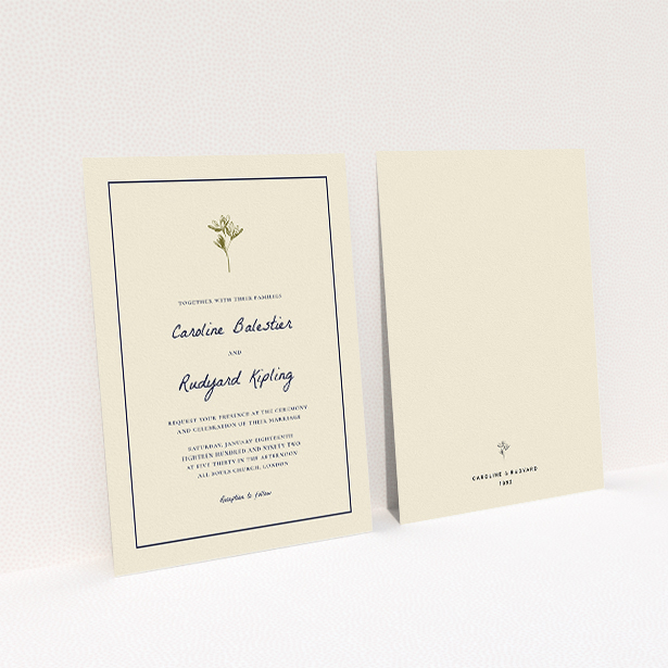 A wedding invite card template titled "My little daisy". It is an A5 invite in a portrait orientation. "My little daisy" is available as a flat invite, with tones of cream and gold.
