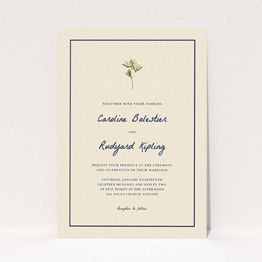 A wedding invite card called "My little daisy". It is an A6 invite in a portrait orientation. "My little daisy" is available as a flat invite, with tones of cream and gold.