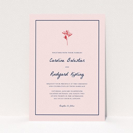 A wedding invite card design named "My little daisy". It is an A6 invite in a portrait orientation. "My little daisy" is available as a flat invite, with tones of pink, red and navy blue.