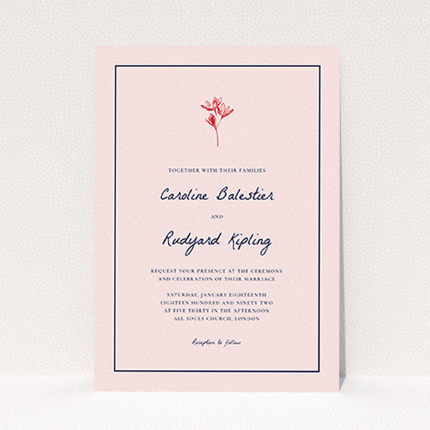 A wedding invite card design named "My little daisy". It is an A6 invite in a portrait orientation. "My little daisy" is available as a flat invite, with tones of pink, red and navy blue.