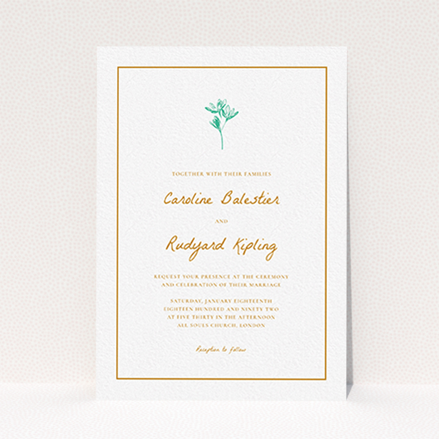 A wedding invite card named "My little daisy". It is an A6 invite in a portrait orientation. "My little daisy" is available as a flat invite, with tones of white and green.