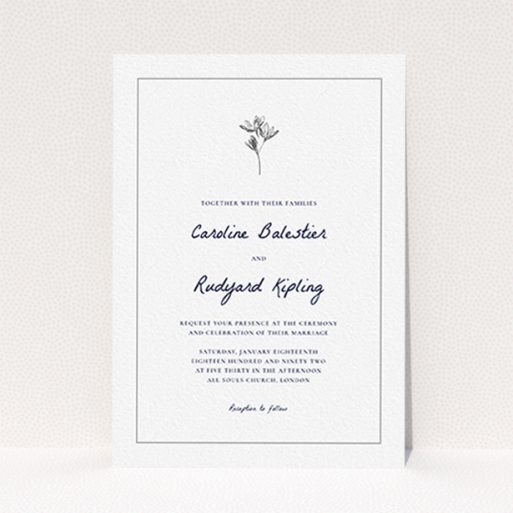 A wedding invite card design titled "My little daisy". It is an A6 invite in a portrait orientation. "My little daisy" is available as a flat invite, with tones of white and grey.