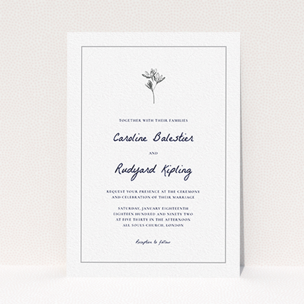A wedding invite card design titled "My little daisy". It is an A6 invite in a portrait orientation. "My little daisy" is available as a flat invite, with tones of white and grey.