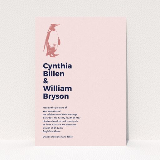 A wedding invite card design titled "My little penguin". It is an A5 invite in a portrait orientation. "My little penguin" is available as a flat invite, with mainly pink colouring.