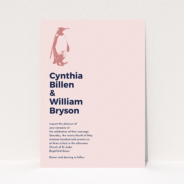 A wedding invite card design titled "My little penguin". It is an A5 invite in a portrait orientation. "My little penguin" is available as a flat invite, with mainly pink colouring.