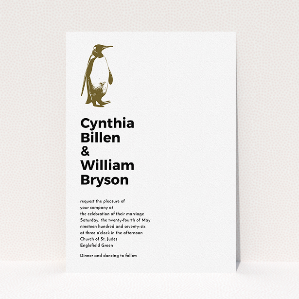 A wedding invite card design named "My little penguin". It is an A5 invite in a portrait orientation. "My little penguin" is available as a flat invite, with mainly white colouring.