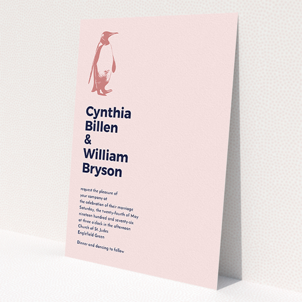 A wedding invite card design titled "My little penguin". It is an A5 invite in a portrait orientation. "My little penguin" is available as a flat invite, with mainly pink colouring.
