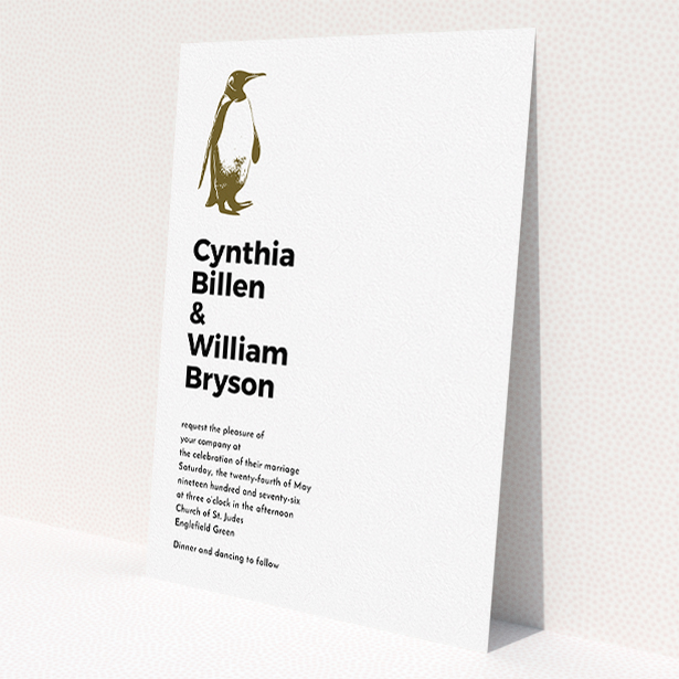 A wedding invite card design named 'My little penguin'. It is an A5 invite in a portrait orientation. 'My little penguin' is available as a flat invite, with mainly white colouring.