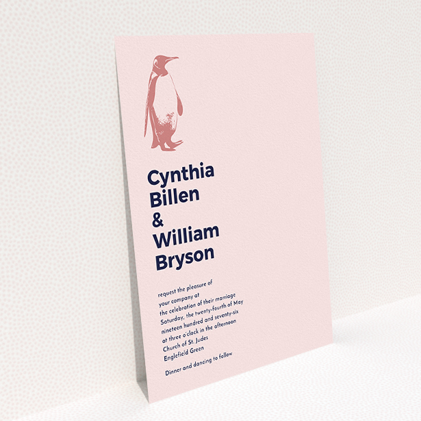 A wedding invite card design titled "My little penguin". It is an A5 invite in a portrait orientation. "My little penguin" is available as a flat invite, with mainly pink colouring.