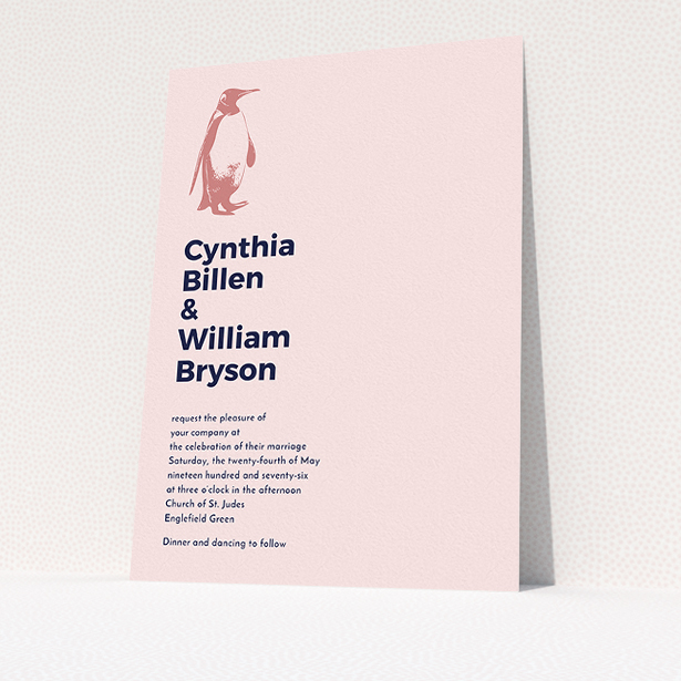 A wedding invite card design titled "My little penguin". It is an A5 invite in a portrait orientation. "My little penguin" is available as a flat invite, with mainly pink colouring.