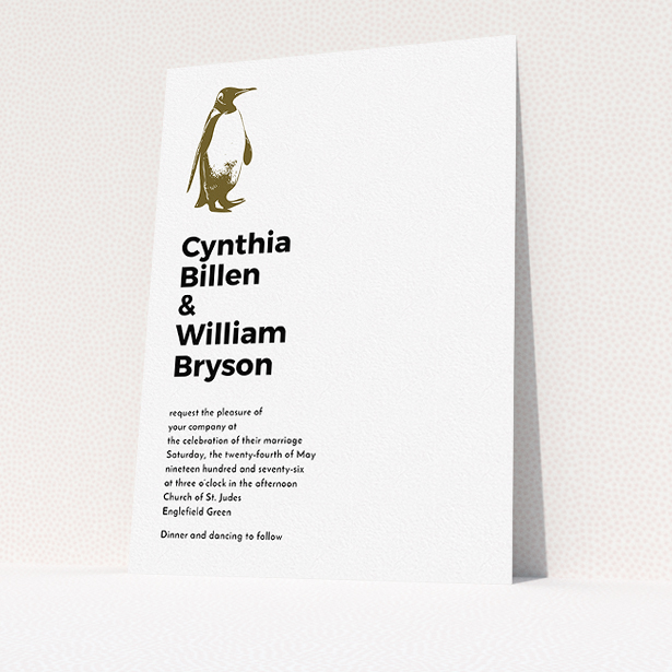 A wedding invite card design named "My little penguin". It is an A5 invite in a portrait orientation. "My little penguin" is available as a flat invite, with mainly white colouring.
