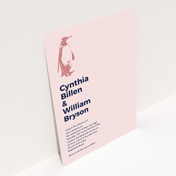 A wedding invite card design titled "My little penguin". It is an A5 invite in a portrait orientation. "My little penguin" is available as a flat invite, with mainly pink colouring.