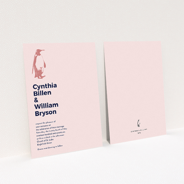 A wedding invite card design titled "My little penguin". It is an A5 invite in a portrait orientation. "My little penguin" is available as a flat invite, with mainly pink colouring.