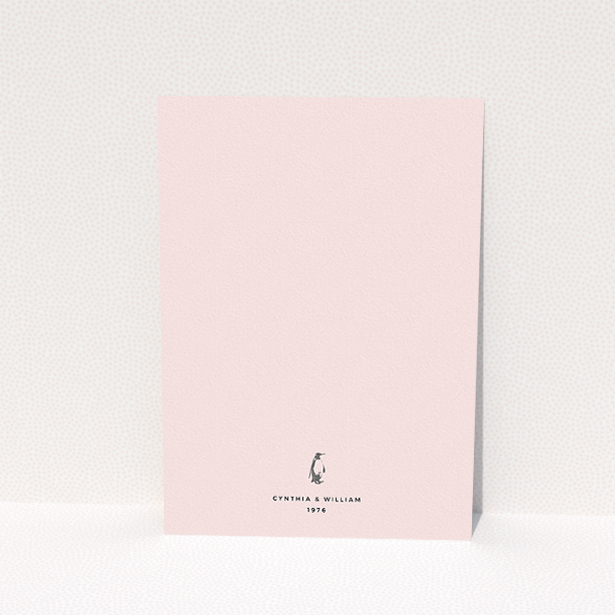 A wedding invite card design titled "My little penguin". It is an A5 invite in a portrait orientation. "My little penguin" is available as a flat invite, with mainly pink colouring.