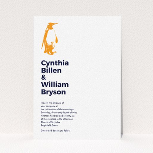 A wedding invite card named "My little penguin". It is an A6 invite in a portrait orientation. "My little penguin" is available as a flat invite, with tones of white and orange.