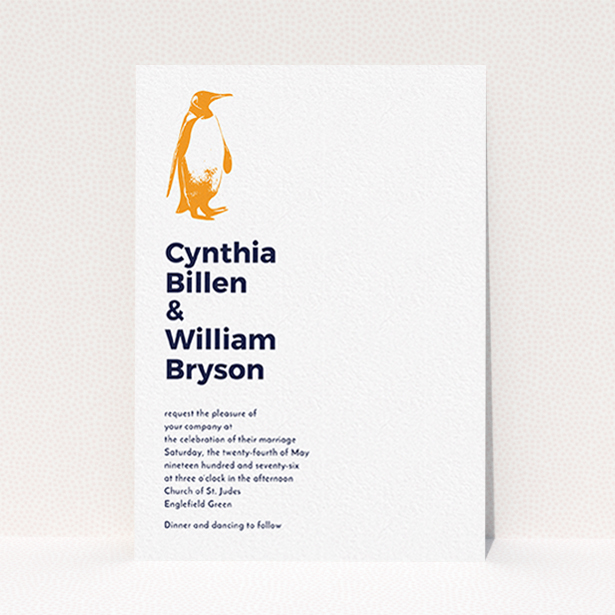 A wedding invite card named "My little penguin". It is an A6 invite in a portrait orientation. "My little penguin" is available as a flat invite, with tones of white and orange.