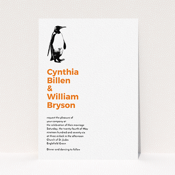 A wedding invite card template titled "My little penguin". It is an A6 invite in a portrait orientation. "My little penguin" is available as a flat invite, with tones of white and orange.