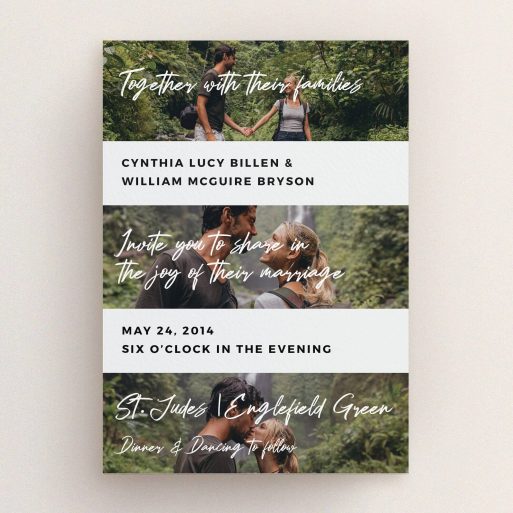 A wedding invite card design called "Newsreel". It is an A5 invite in a portrait orientation. It is a photographic wedding invite card with room for 3 photos. "Newsreel" is available as a flat invite, with tones of black and white.