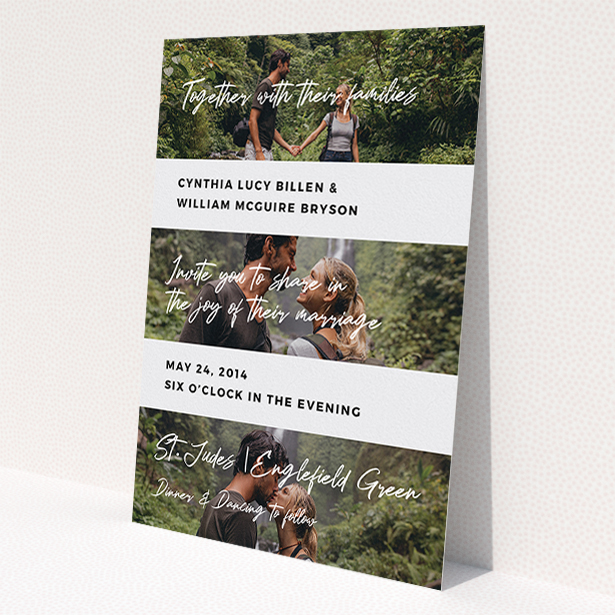 A wedding invite card design called "Newsreel". It is an A5 invite in a portrait orientation. It is a photographic wedding invite card with room for 3 photos. "Newsreel" is available as a flat invite, with tones of black and white.