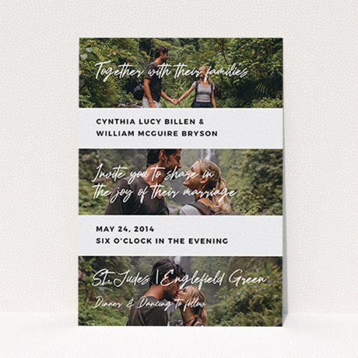 A wedding invite card design named "Newsreel". It is an A6 invite in a portrait orientation. It is a photographic wedding invite card with room for 3 photos. "Newsreel" is available as a flat invite, with tones of black and white.