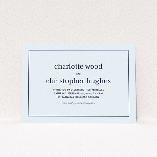 A wedding invite card design titled "Nice and square". It is an A5 invite in a landscape orientation. "Nice and square" is available as a flat invite, with mainly light blue colouring.