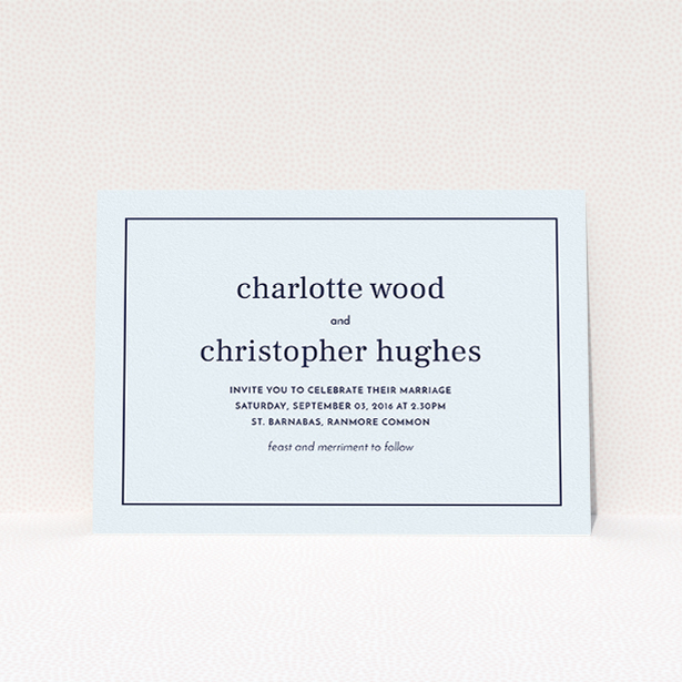 A wedding invite card design titled "Nice and square". It is an A5 invite in a landscape orientation. "Nice and square" is available as a flat invite, with mainly light blue colouring.
