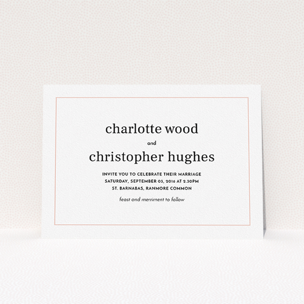 A wedding invite card called "Nice and square". It is an A5 invite in a landscape orientation. "Nice and square" is available as a flat invite, with tones of white and Pink.