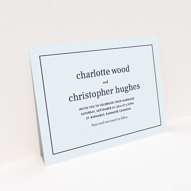 A wedding invite card design titled "Nice and square". It is an A5 invite in a landscape orientation. "Nice and square" is available as a flat invite, with mainly light blue colouring.