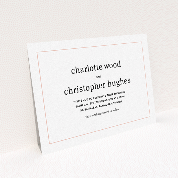 A wedding invite card called "Nice and square". It is an A5 invite in a landscape orientation. "Nice and square" is available as a flat invite, with tones of white and Pink.