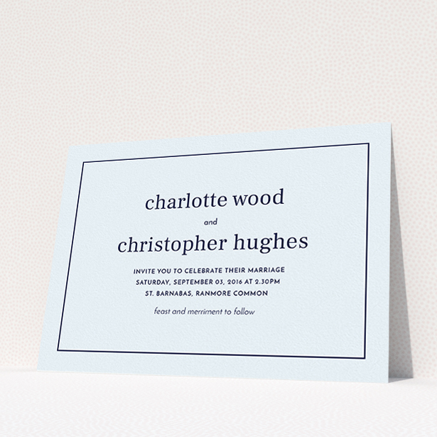 A wedding invite card design titled "Nice and square". It is an A5 invite in a landscape orientation. "Nice and square" is available as a flat invite, with mainly light blue colouring.
