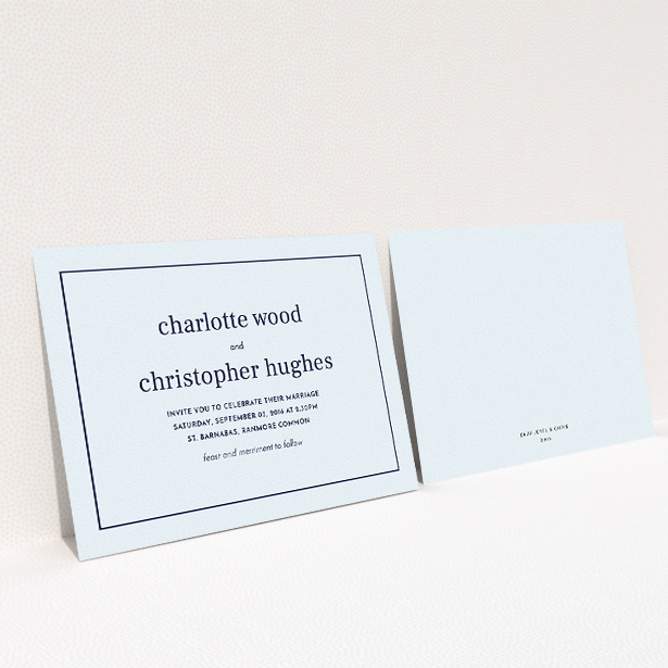 A wedding invite card design titled "Nice and square". It is an A5 invite in a landscape orientation. "Nice and square" is available as a flat invite, with mainly light blue colouring.