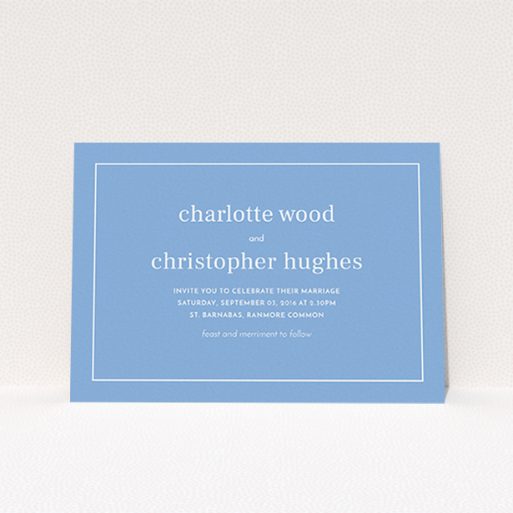 A wedding invite card template titled "Nice and square". It is an A6 invite in a landscape orientation. "Nice and square" is available as a flat invite, with tones of blue and white.