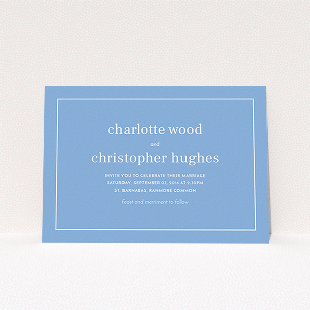 A wedding invite card template titled "Nice and square". It is an A6 invite in a landscape orientation. "Nice and square" is available as a flat invite, with tones of blue and white.