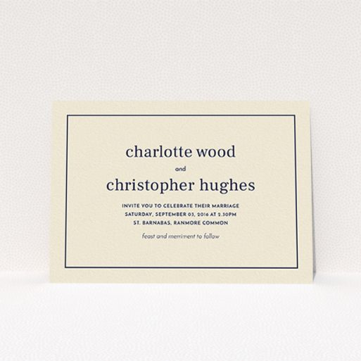 A wedding invite card called "Nice and square". It is an A6 invite in a landscape orientation. "Nice and square" is available as a flat invite, with mainly dark cream colouring.