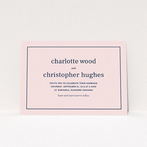 A wedding invite card design named "Nice and square". It is an A6 invite in a landscape orientation. "Nice and square" is available as a flat invite, with mainly pink colouring.