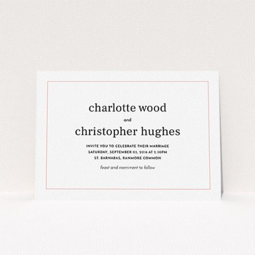 A wedding invite card template titled "Nice and square". It is an A6 invite in a landscape orientation. "Nice and square" is available as a flat invite, with tones of white and Pink.