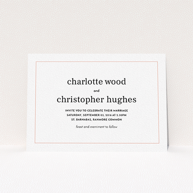 A wedding invite card template titled "Nice and square". It is an A6 invite in a landscape orientation. "Nice and square" is available as a flat invite, with tones of white and Pink.