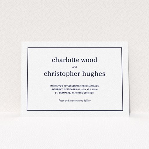 A wedding invite card design titled "Nice and square". It is an A6 invite in a landscape orientation. "Nice and square" is available as a flat invite, with mainly white colouring.
