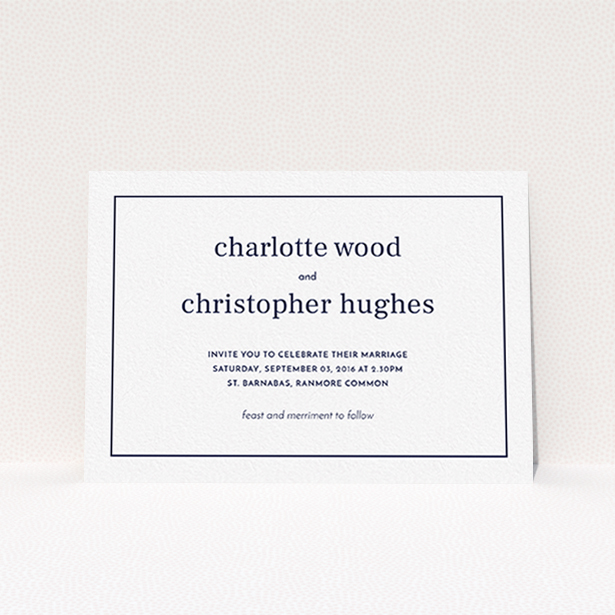 A wedding invite card design titled "Nice and square". It is an A6 invite in a landscape orientation. "Nice and square" is available as a flat invite, with mainly white colouring.