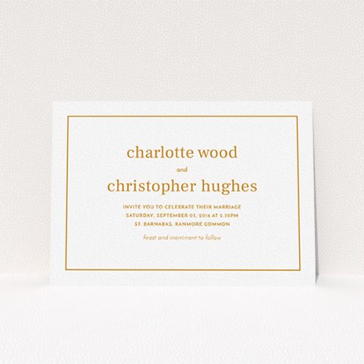 A wedding invite card named "Nice and square". It is an A6 invite in a landscape orientation. "Nice and square" is available as a flat invite, with tones of white and orange.