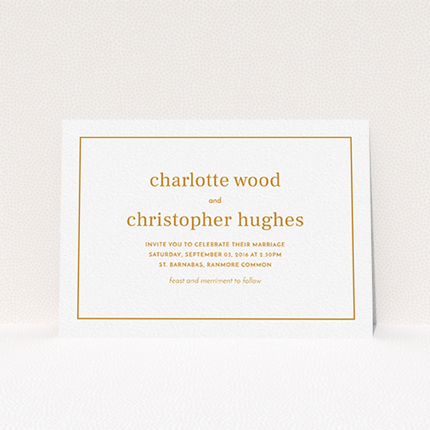 A wedding invite card named "Nice and square". It is an A6 invite in a landscape orientation. "Nice and square" is available as a flat invite, with tones of white and orange.