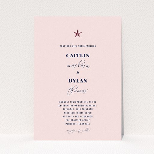 A wedding invite card design called "North Star". It is an A5 invite in a portrait orientation. "North Star" is available as a flat invite, with mainly pink colouring.