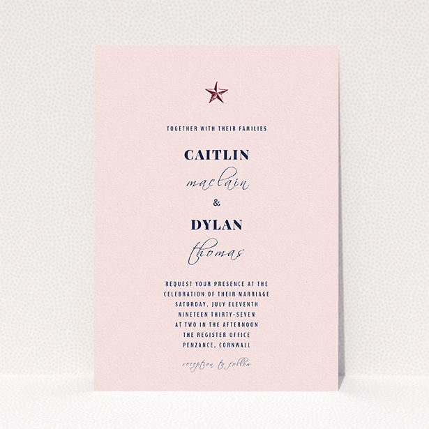 A wedding invite card design called "North Star". It is an A5 invite in a portrait orientation. "North Star" is available as a flat invite, with mainly pink colouring.